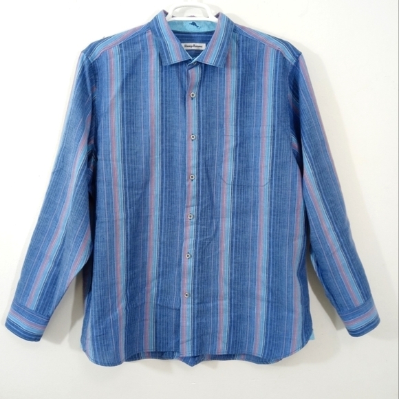 Tommy Bahamas Linen Stripes Button Up Shirt Casual Long Sleeve Multicolored‎ - Picture 1 of 6